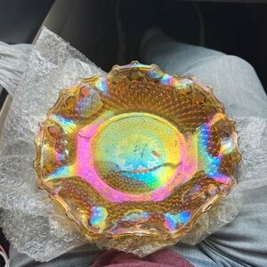 Vintage Indiana Gold Amber Carnival Iridescent Glass Hostess Plate